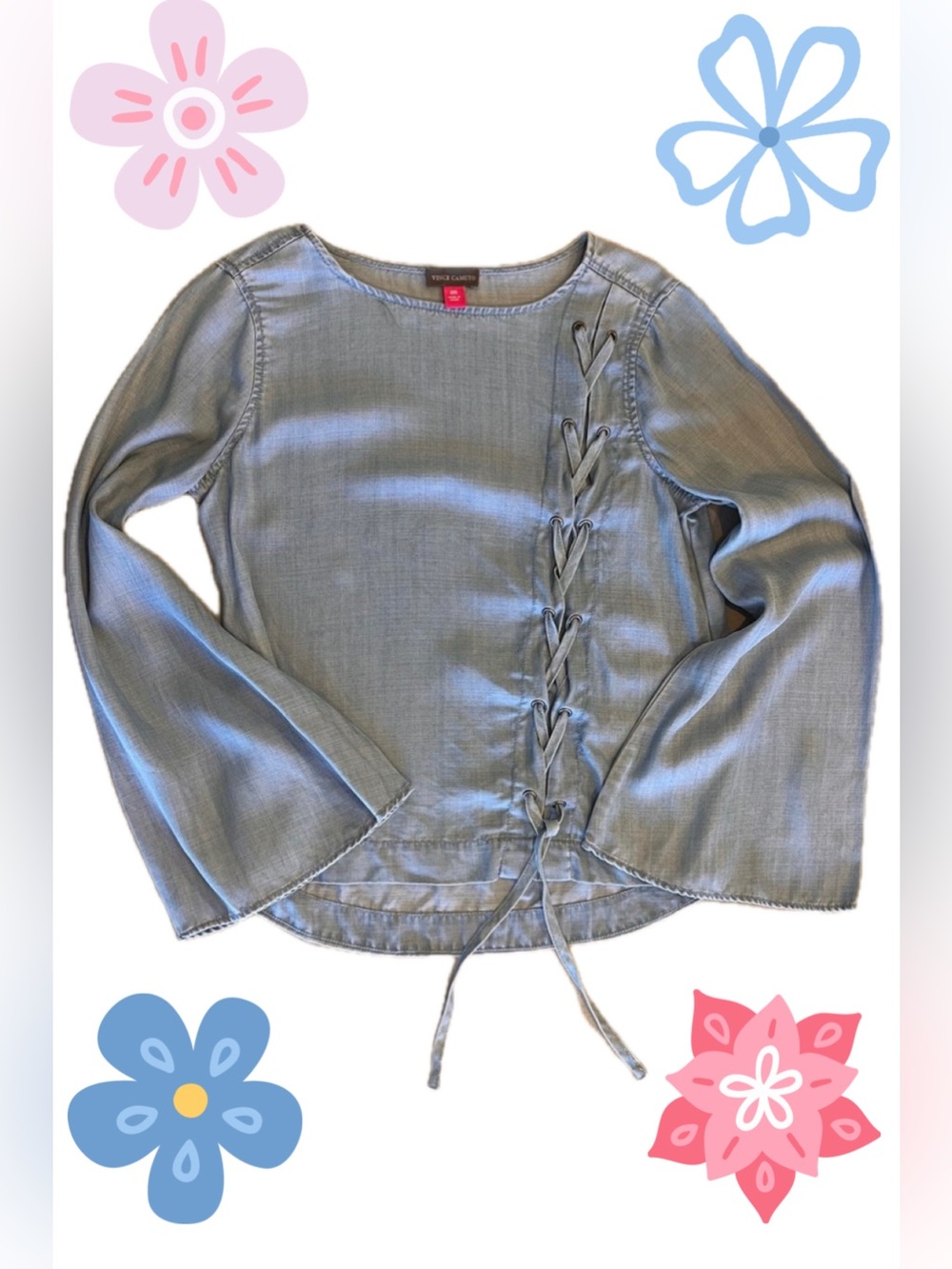 Vince Camuto Denim Lightweight Top with Lace tie up & flared sleeves xxs
